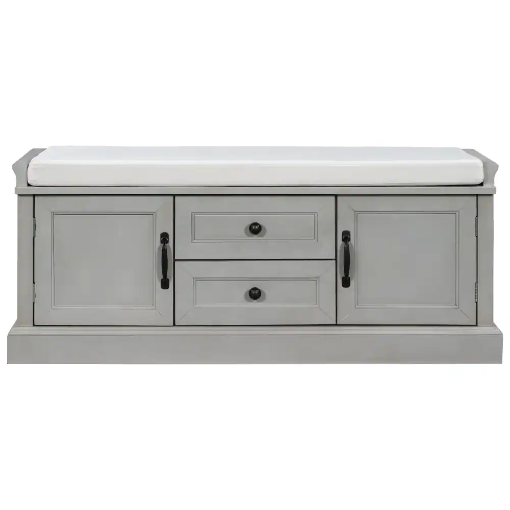 Back. Ropilly - Ropilly Gray Wash Storage Bench with Cushion, Entryway Shoe Bench with Drawers and Cabinets, Wooden Mudroom Seating - Gray Wash.
