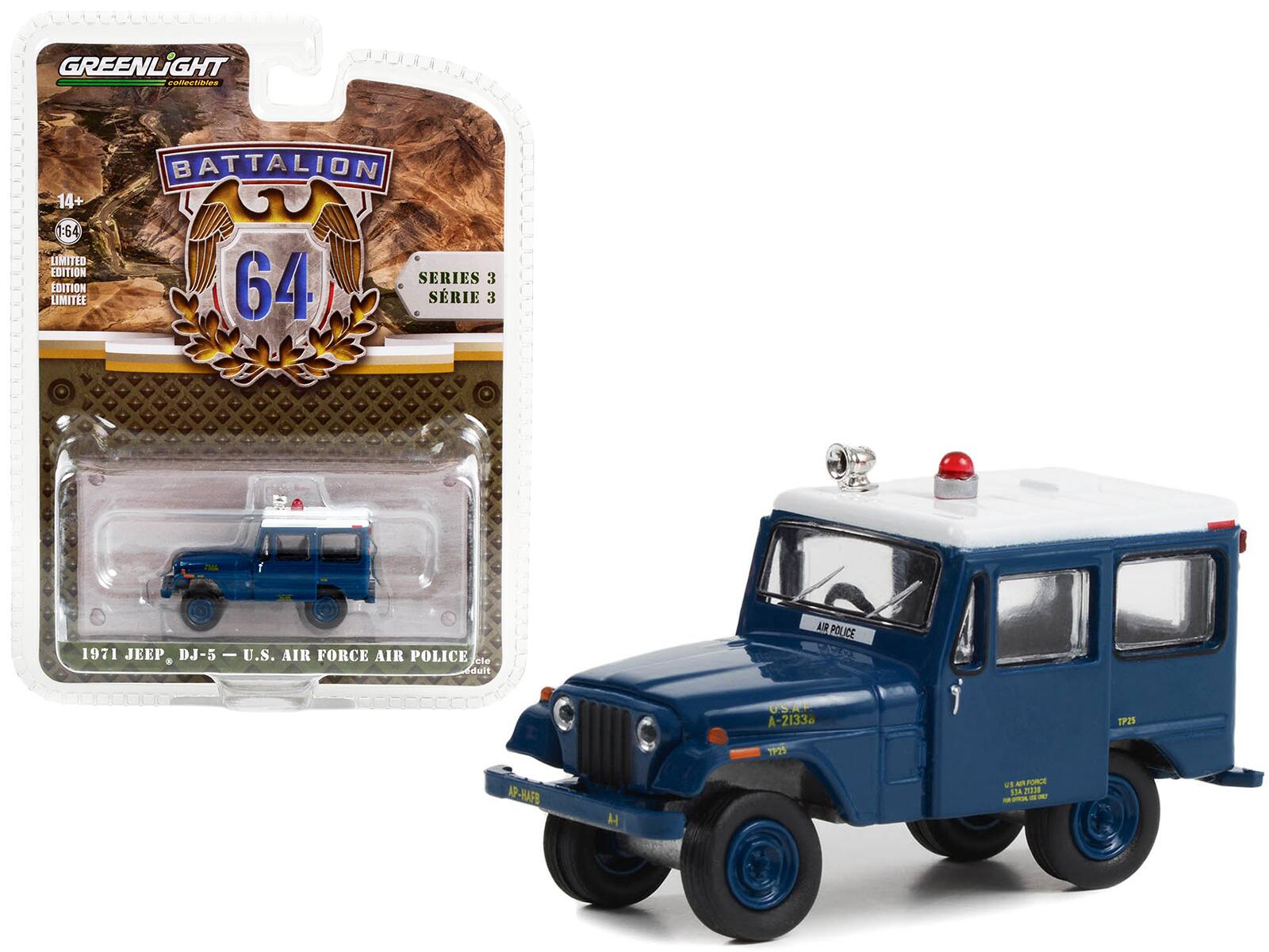 GREENLIGHT  
collectibles  

BATTALION  
64  

14+  
1:64  
LIMITED EDITION  
EDITION LIMITEE  

SERIES 3  
SÉRIE 3  

1971 JEEP DJ-5 - U.S. AIR FORCE AIR POLICE  

AIR POLICE  
U.S. AIR FORCE  
A-2133a  
TP21  
P-HAFB  
TP21