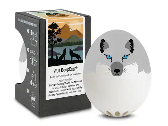 BOILING EGGS THE EAST WAY
Wolf BeepEgg®
Simply boil together until the tunes play. Plays 3 melodies:
"Round the Mountain She'll Be Coming America The
Beautiful for soft-boiled eggs, Oh My for medium-boiled eggs.
Darling Clementine for hard-boiled eggs.