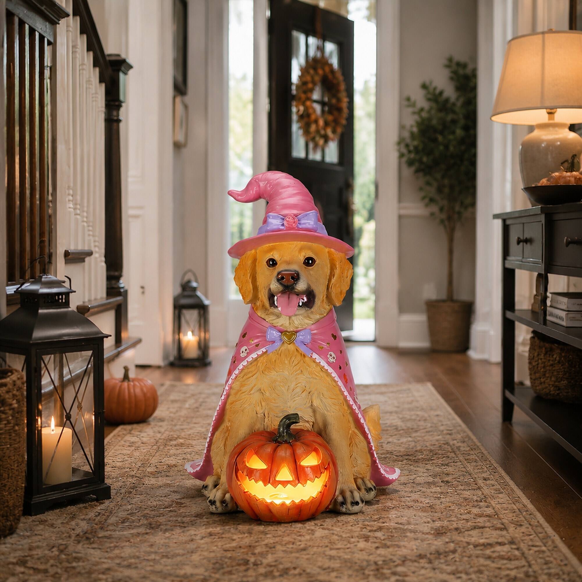 Alt View 1. RYHNUYNE - Halloween Golden Retriever Dog Statue with Pink Witch Hat and Cape, Large Lighted Jack-O-Lantern Pumpkin - Brown.