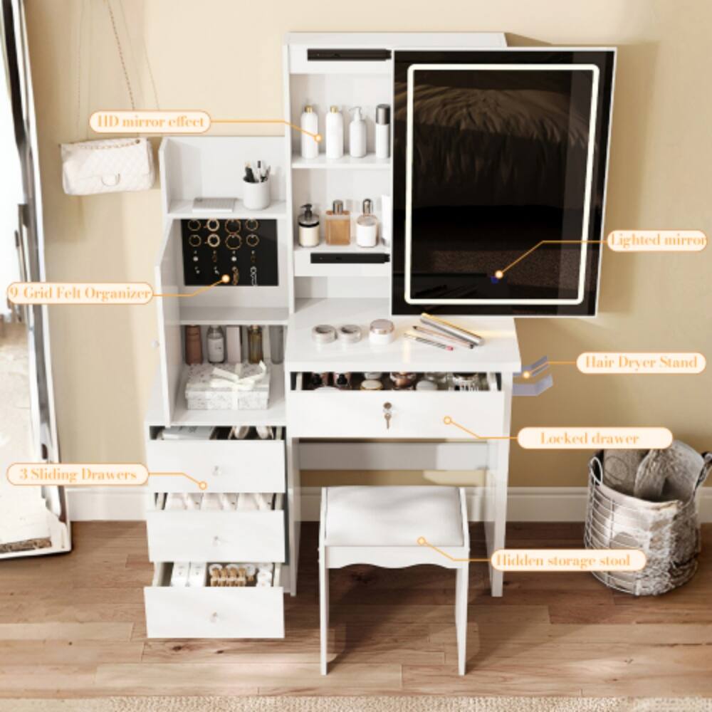 HD mirror effect  
Lighted mirror  
9 Grid Felt Organizer  
Hair Dryer Stand  
Locked drawer  
3 Sliding Drawers  
Hidden storage stool