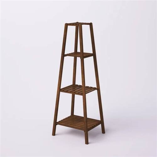 Front. SlickBlue - Modern Boho Wooden Pyramidal 4-Tier Plant Display Stand - Brown.