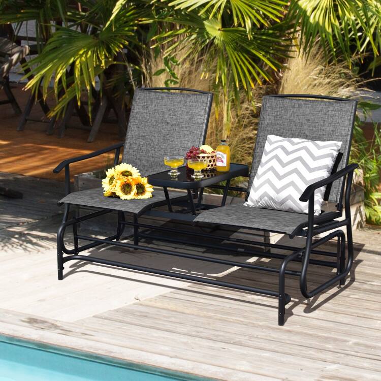 Alt View 3. Mondawe - 2-Person Rocking Loveseat w/ Center Tempered Glass Table, Double Outdoor Glider Bench with Mesh Fabric - Grey.