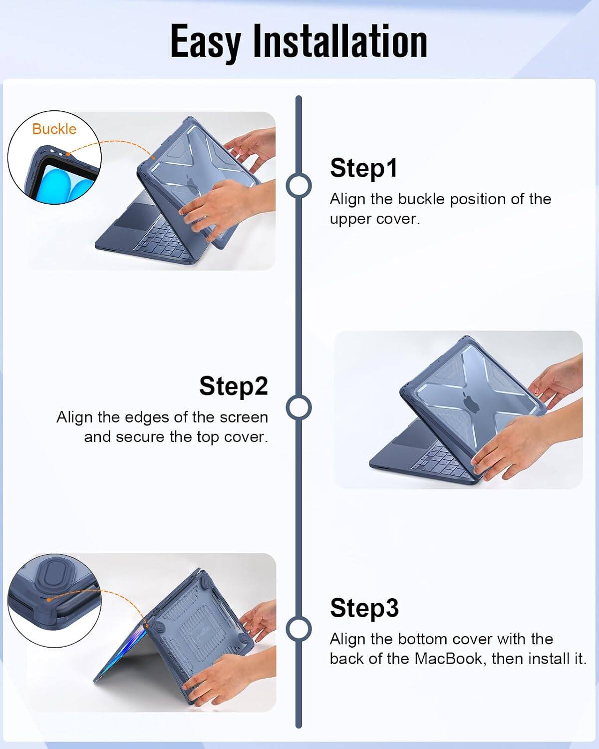 Easy Installation

Step 1: Align the buckle position of the upper cover.

Step 2: Align the edges of the screen and secure the top cover.

Step 3: Align the bottom cover with the back of the MacBook, then install it.