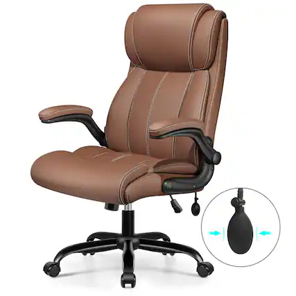 Front. KERDOM - Ergonomic Office Chair - Desk Computer Chair, PU Leather High Back Executive Chair, Inflatable Lumbar Support, Wide Seat - Brown.