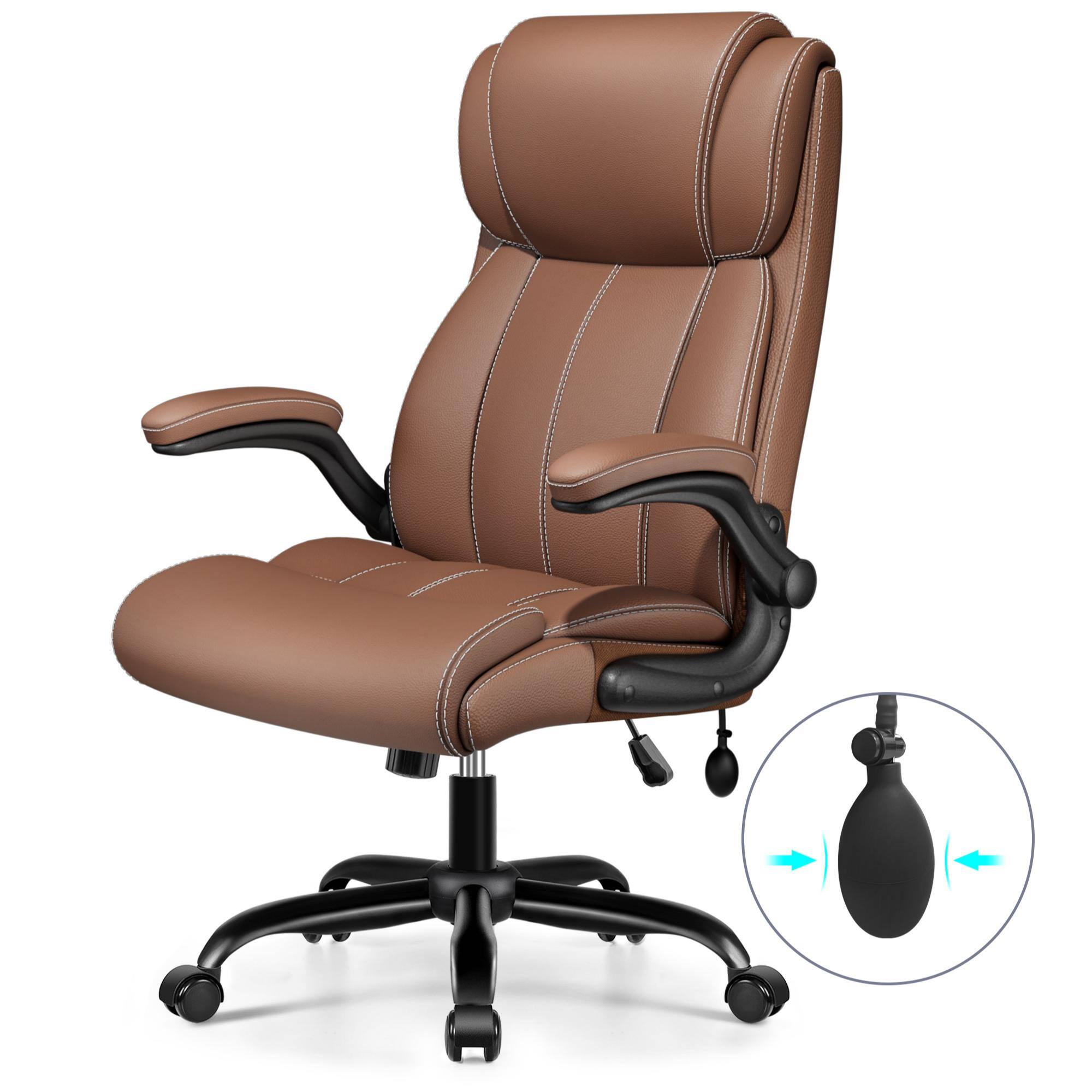 KERDOM - Ergonomic Office Chair - Desk Computer Chair, PU Leather High Back Executive Chair, Inflatable Lumbar Support, Wide Seat - Brown
