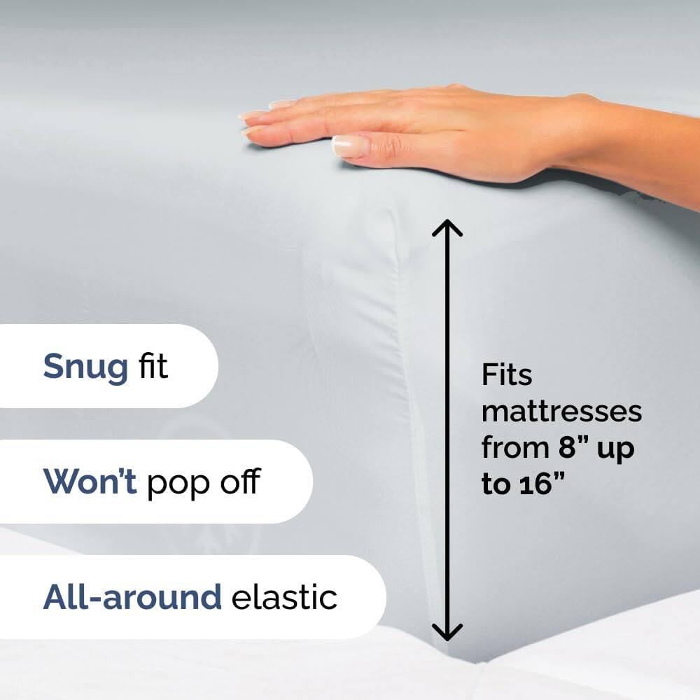- Snug fit
- Won't pop off
- Fits mattresses from 8" up to 16"
- All-around elastic