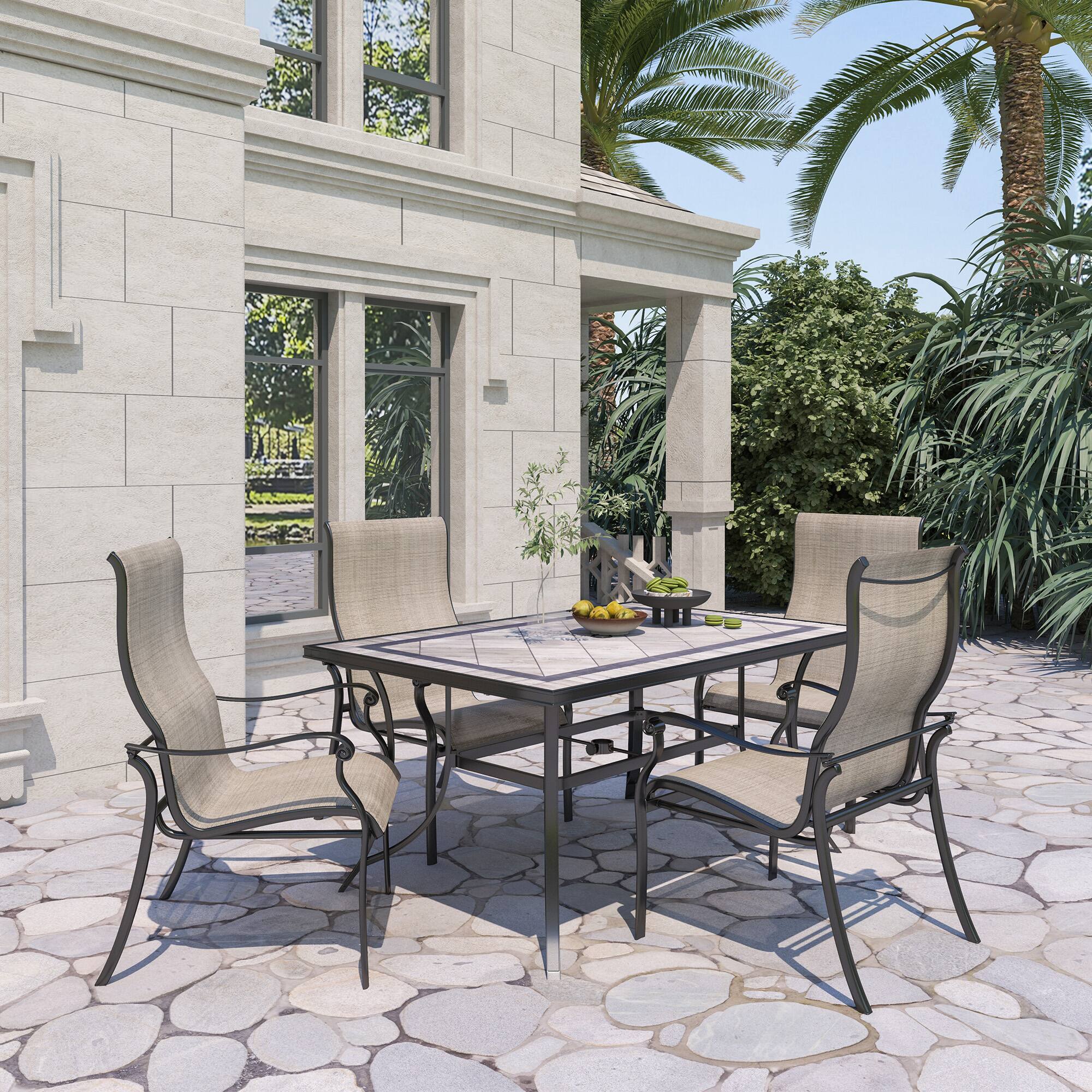 Angle. Mondawe - 5-Piece Outdoor Dining Set with Classic Wood-Look Tile Top Square Table and 4 Cast Aluminum Teslin Dining Chairs - Black+Bronze.