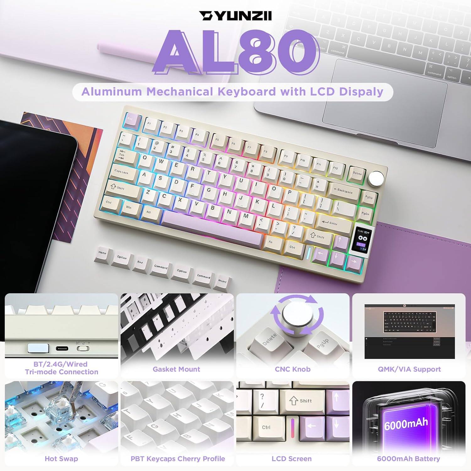 YUNZII AL80 Aluminum Mechanical Keyboard with LCD Display

- Tri-mode Connection: BT/2.4G/Wired
- Gasket Mount
- CNC Knob
- QMK/VIA Support
- 6000mAh Battery
- Hot Swap
- PBT Keycaps Cherry Profile
- LCD Screen