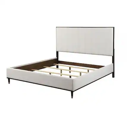 Front. Manhattan Lane - Aren Queen Bed, Light Gray Fabric Upholstery, Crisp White and Smooth Brown - Gray, White, Brown.