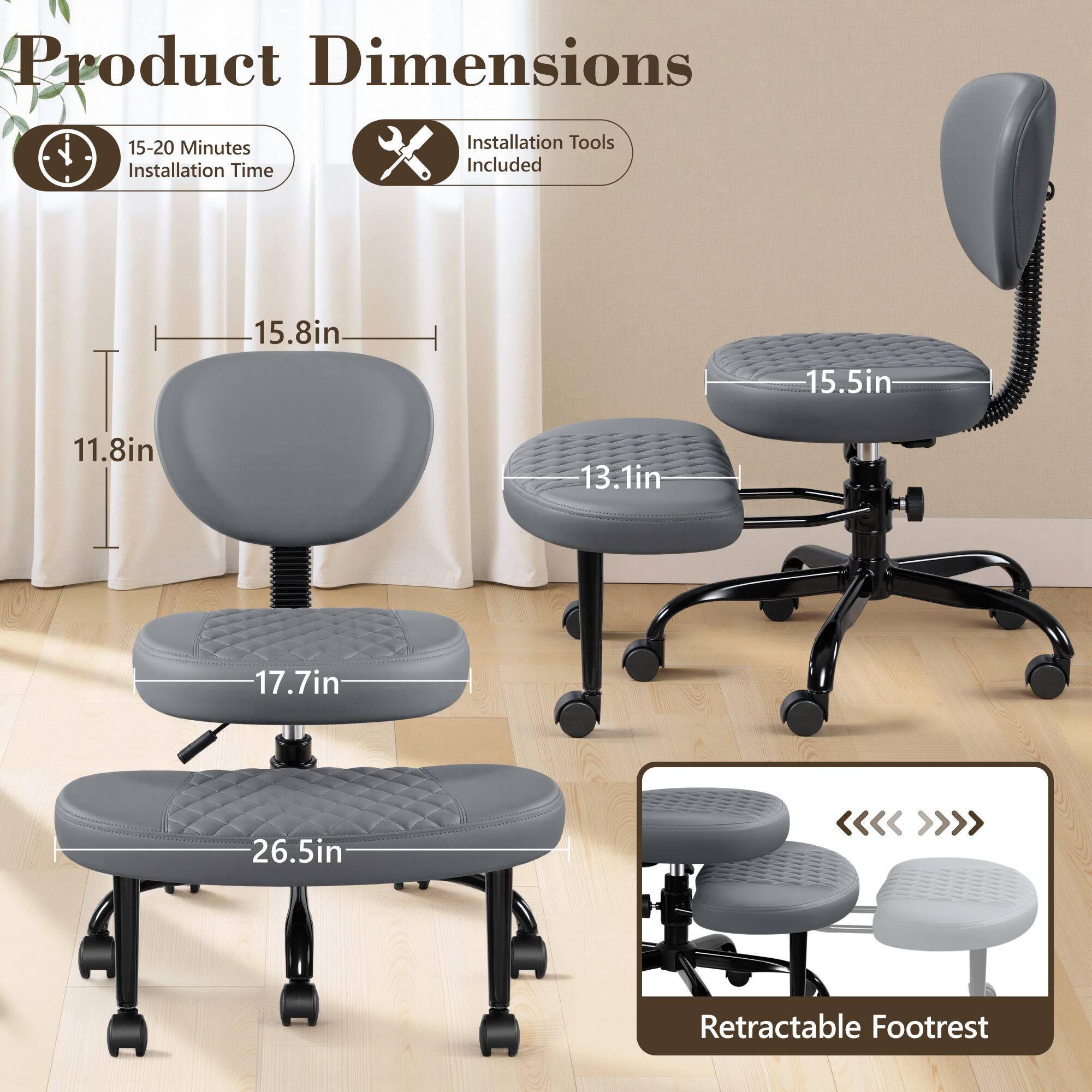 Product Dimensions, 15-20 Minutes Installation Time, Installation Tools Included, 15.8in, 15.5in, 11.8in, 13.1in, 17.7in, 26.5in, Retractable Footrest