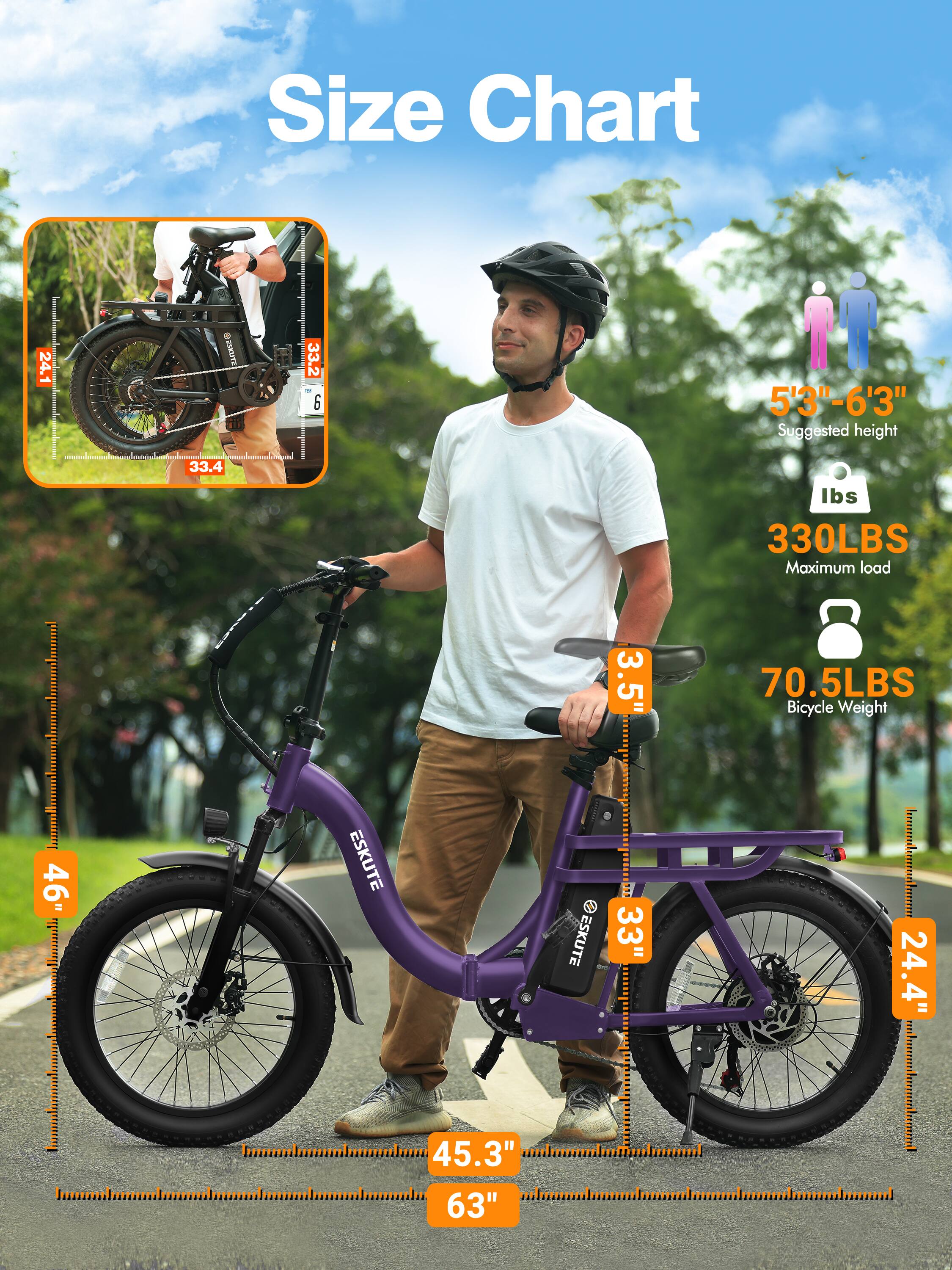 Size Chart

- 24.1" 
- 33.2" 
- 33.4" 
- 3.5" 
- 46" 
- 45.3" 
- 63" 
- 330LBS Maximum load 
- 70.5LBS Bicycle Weight 
- 24.4" 

Suggested height: 5'3" - 6'3"