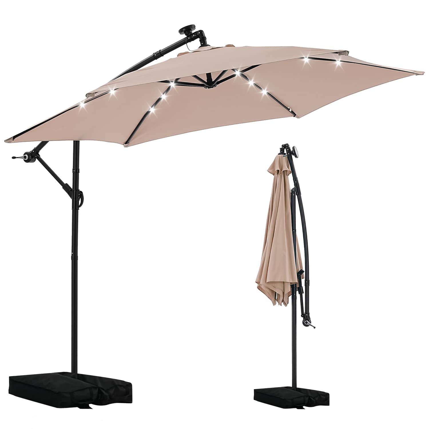 Ainfox - 10FT Solar LED Outdoor Patio Yard Offset Umbrella with Cross Base for Market,Garden,Deck,Backyard,Pool,with light - khiki