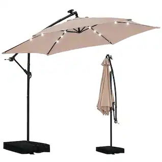 Ainfox - 10FT Outdoor Patio Cantilever Umbrella Hanging Offset with Cross Base Sand Bags & 24 LED Solar Lights - Khaki