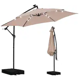 Ainfox - 10FT Solar LED Outdoor Patio Yard Offset Umbrella with Cross Base for Market,Garden,Deck,Backyard,Pool,with light - khiki