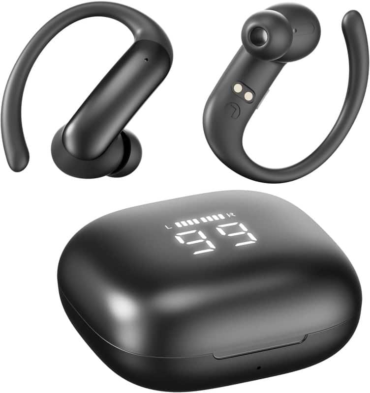 RISOKEYS - Wireless Bluetooth Headphones w/ Long Battery Life, Voice Control & Digital Display for Gym, Running, Travel  - Black