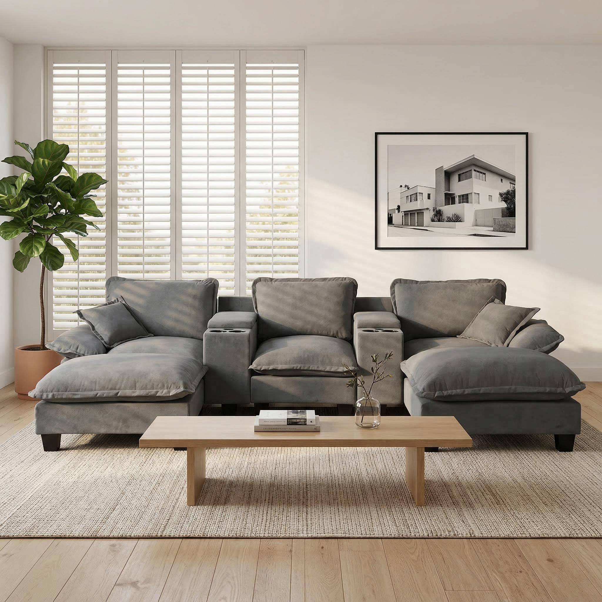 Angle. Roomtec - Modular Cloud Couch UShape Sailboat Sofa with Cup Holders Storage USB Port 2 Ottomans 2 Pillows Chenille for Apartment - Grey.