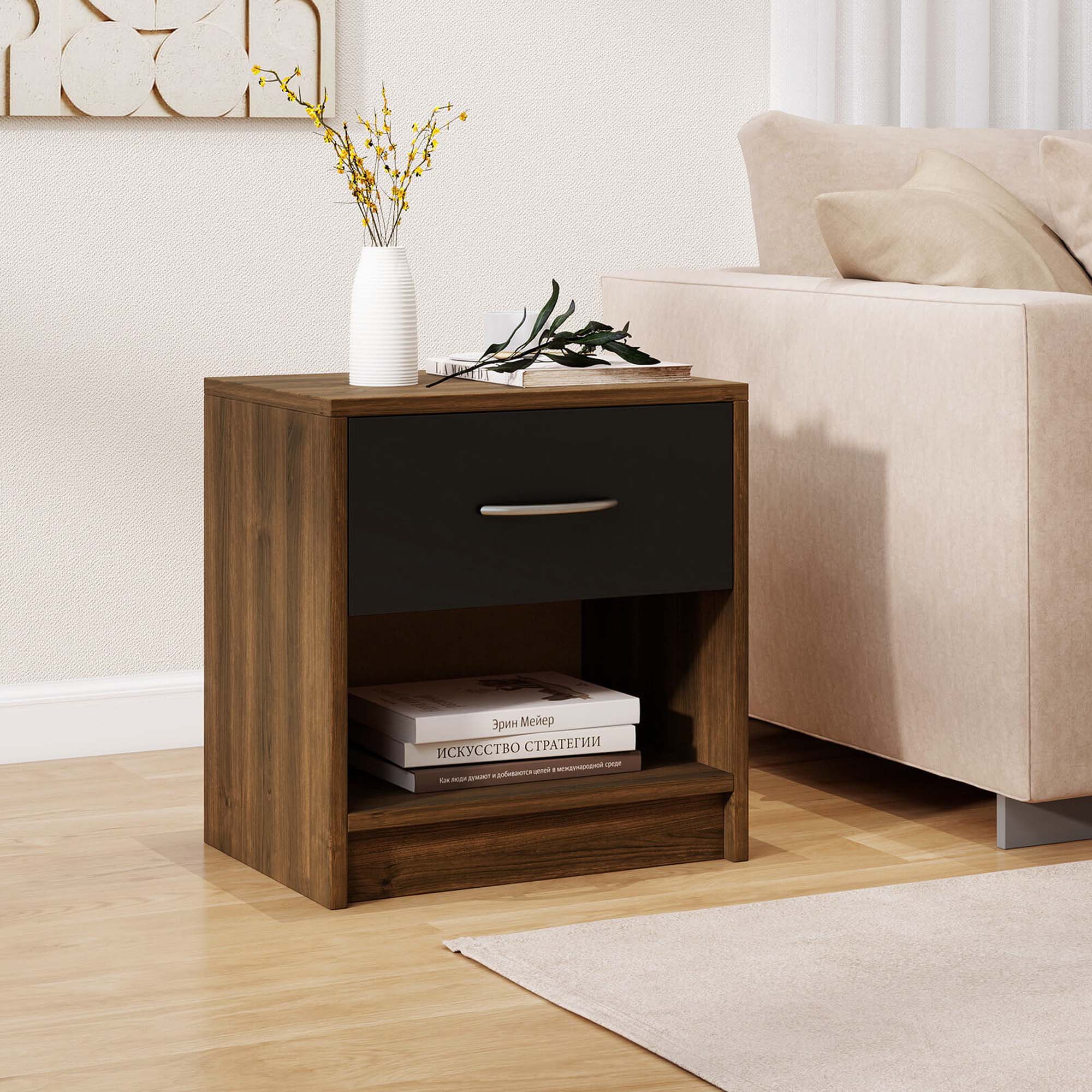 Angle. Costway - Modern Nightstand Bedside Table with Drawer Open Storage Shelf for Small Spaces - Brown.
