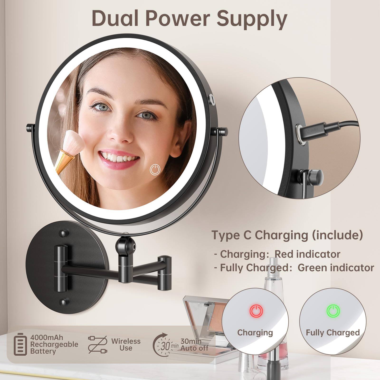 Dual Power Supply

Type C Charging (include)
- Charging: Red indicator
- Fully Charged: Green indicator

4000mAh Rechargeable Battery
Wireless Use
30min Auto off