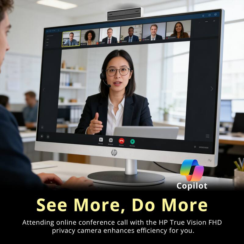 - CID
- I - thp Crna
- Copilot See More, Do More
- Attending online conference call with the HP True Vision FHD privacy camera enhances efficiency for you.