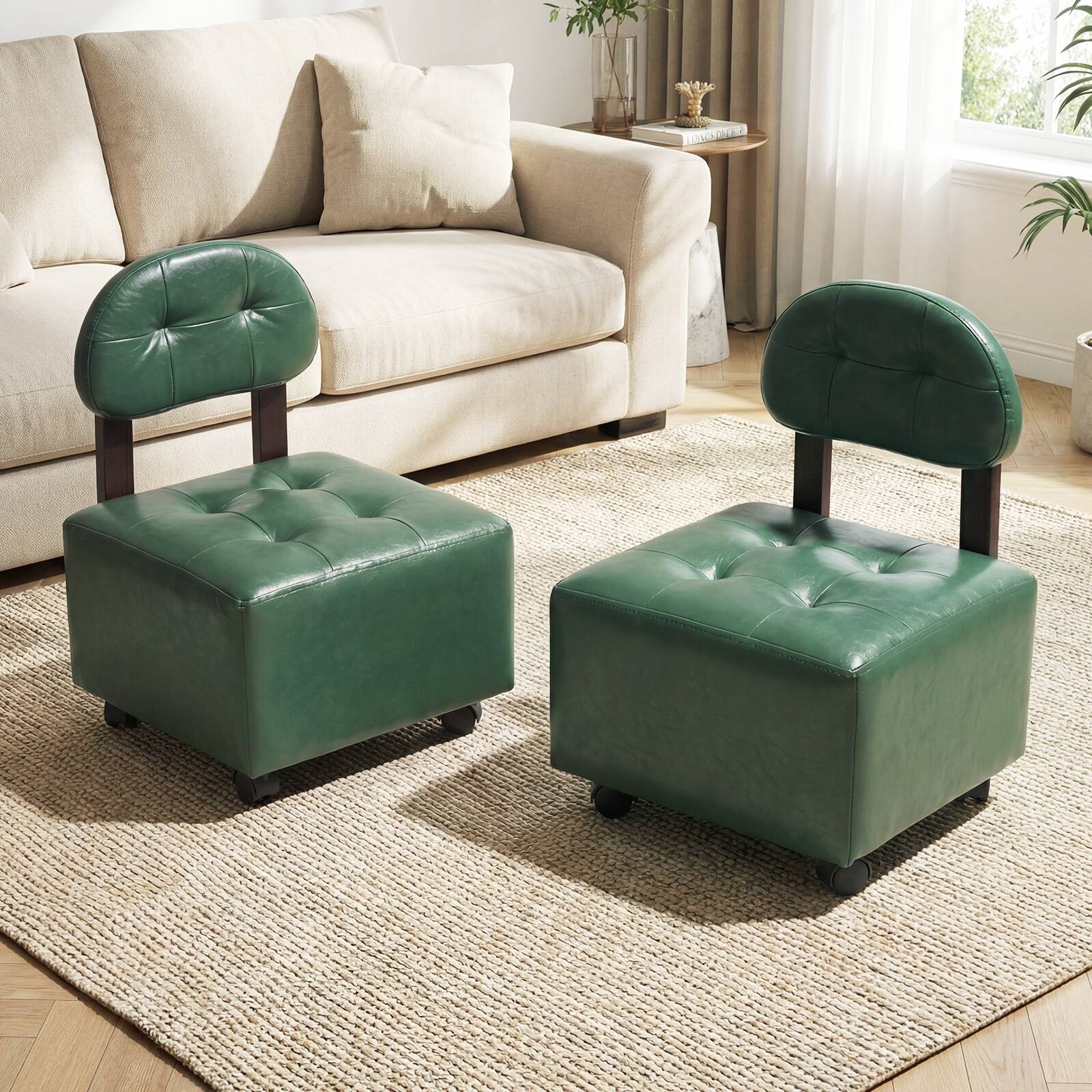 Alt View 1. Gymax - Gymax Rolling Footrest Stools Set of 2 Upholstered Square Ottoman 330 LBS Max Load - Green.