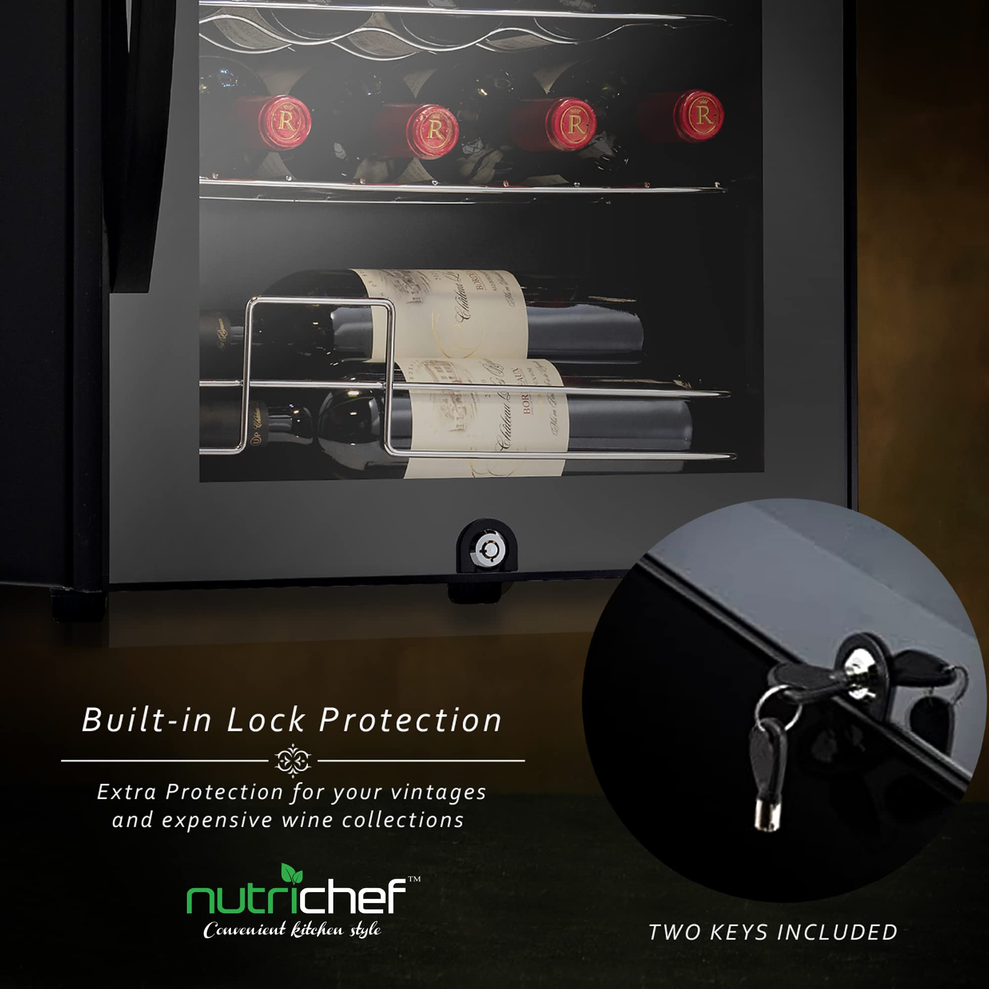 Built-in Lock Protection  
Extra Protection for your vintages and expensive wine collections  

nutrichef  
Convenient kitchen style  

TWO KEYS INCLUDED