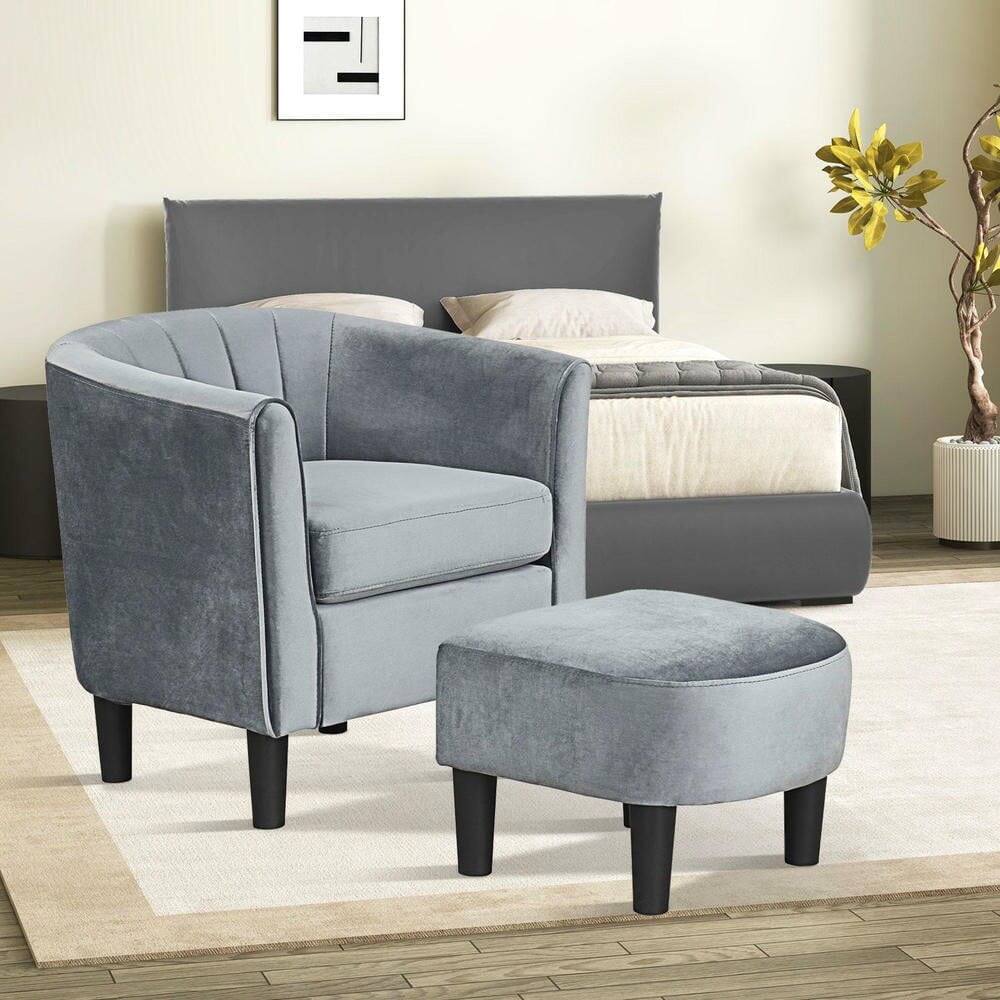Alt View 2. Kadyn - Velvet Upholstered Barrel Club Chair with Matching Ottoman Footstool, Gray - Beige.