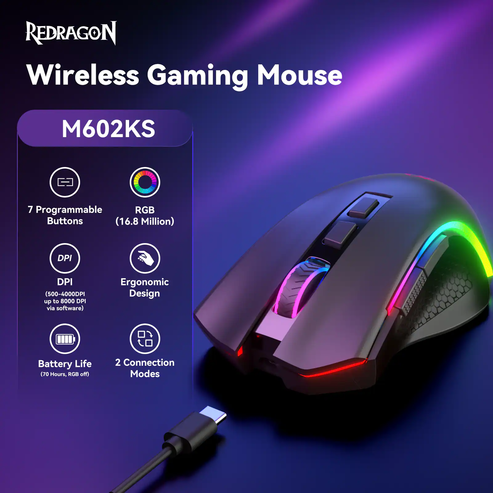REDRAGON Wireless Gaming Mouse M602KS: 7 Programmable RGB Buttons (16.8 Million) DPI (500-4000DPI with up to 8000 DPI via software), Ergonomic Design, Battery Life (70 Hours, RGB off), 2 Connection Modes.