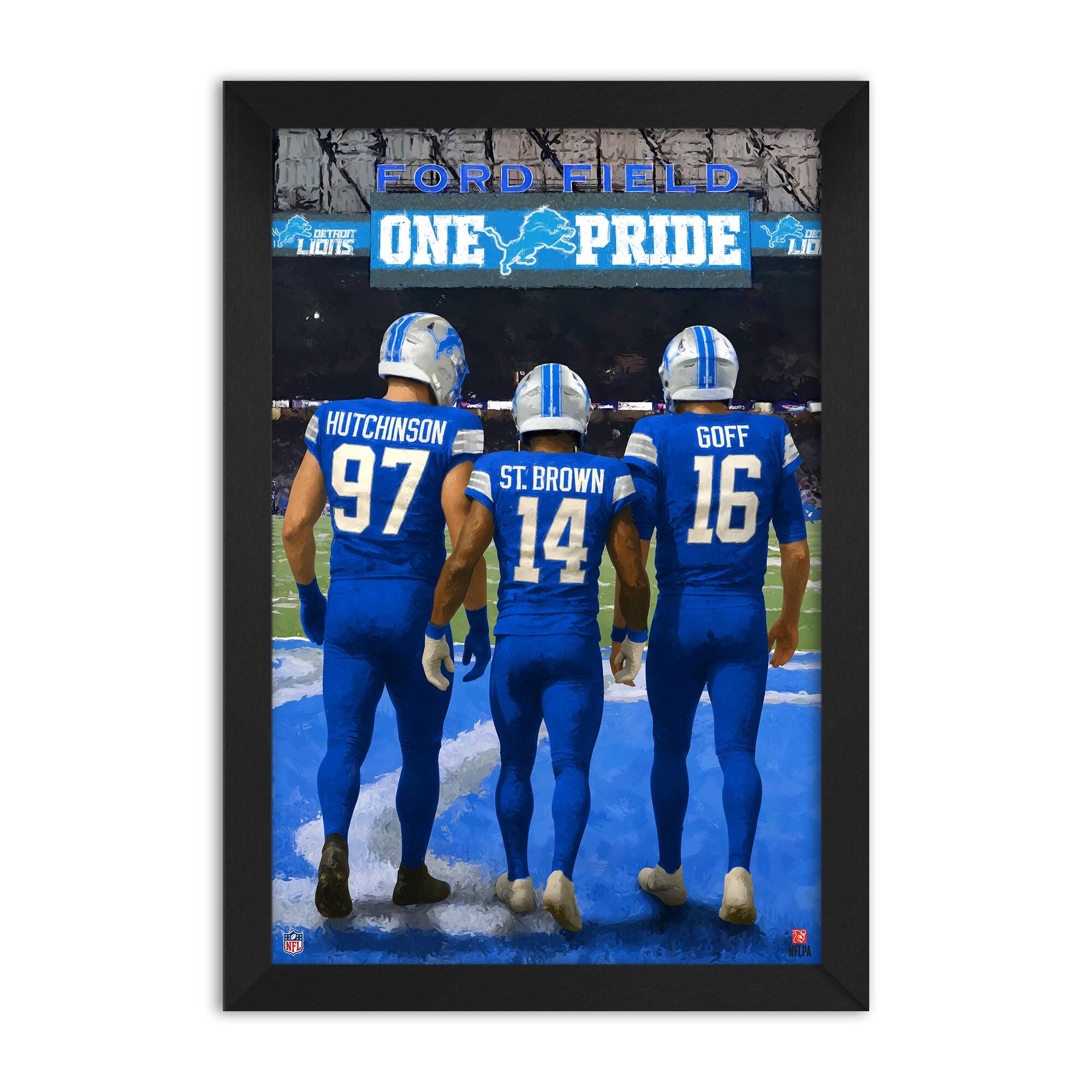 Aidan Hutchinson, Amon-Ra St. Brown & Jared Goff Detroit Lions Framed Three-Player Art Print