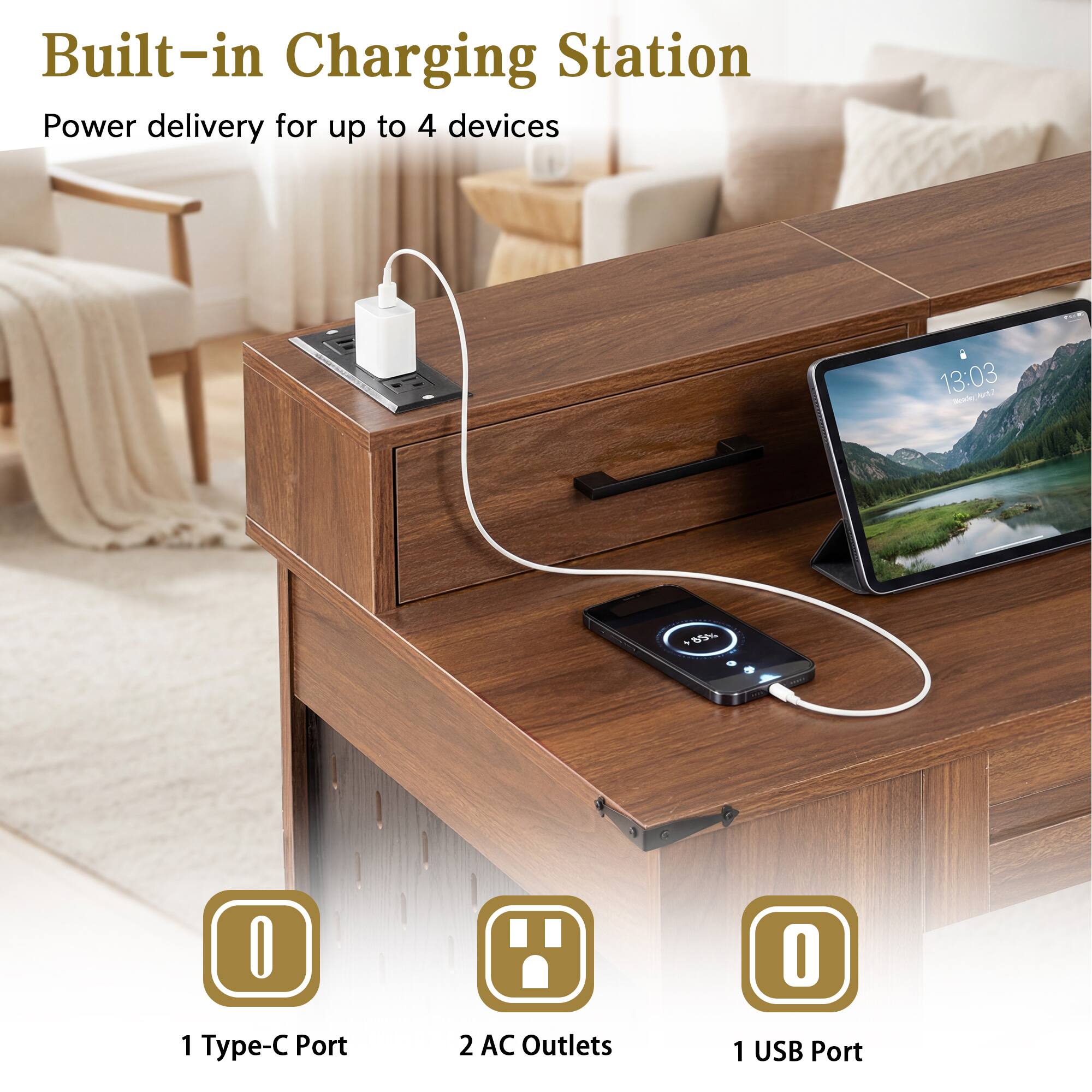Built-in Charging Station  
Power delivery for up to 4 devices  

1 Type-C Port  
2 AC Outlets  
1 USB Port