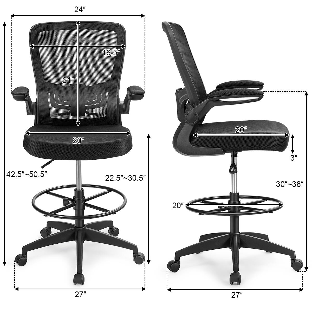 The text on the image indicates the dimensions of the two chairs. The first chair has a height of 24 inches, a width of 19.5 inches, and a depth of 21 inches. The second chair has a height of 20 inches, a width of 20 inches, and a depth of 20 inches. The measurements are provided in both inches and centimeters.