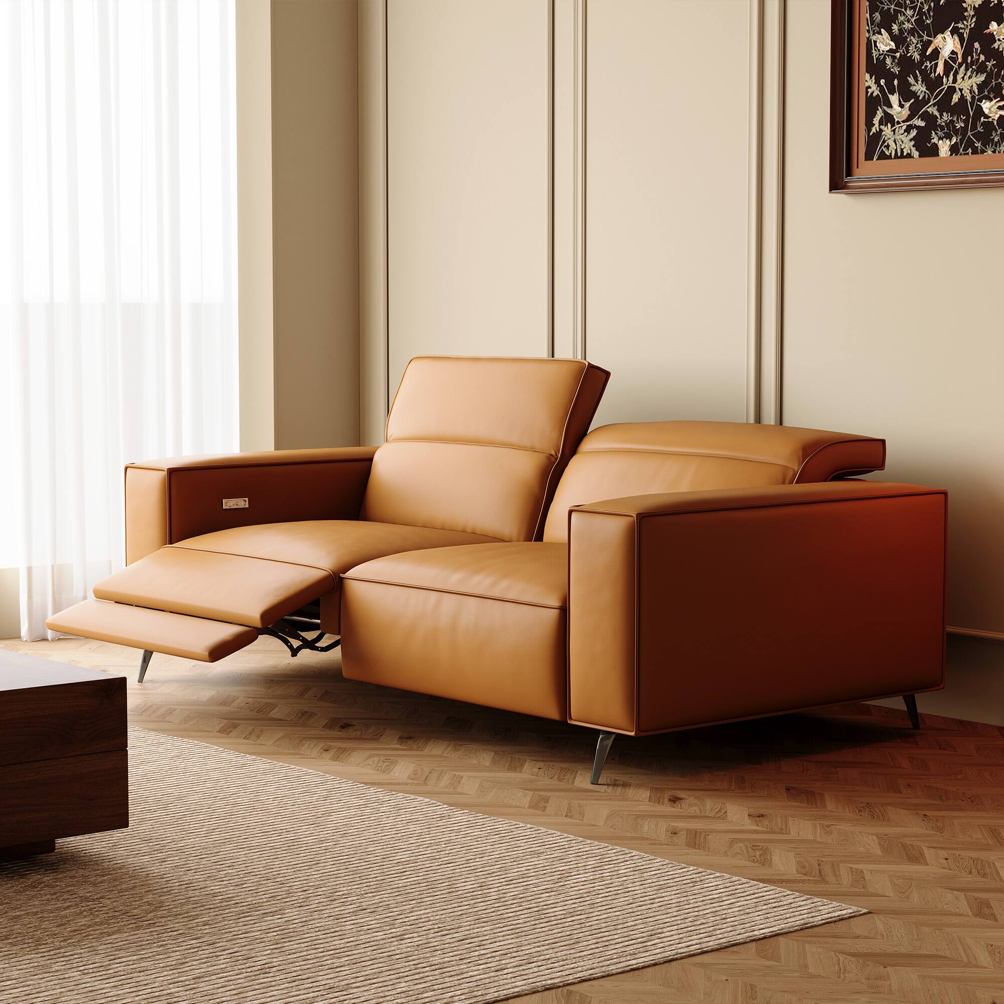 Back. luck idea - 76.77" Power Reclining Sofa | Home Theater Seats with Electric Seat & Comfortable Seating - Orange.