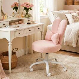 Winado - Rabbit Ear Vanity Desk Chair with Wheels&Bow Pillow,Cute Comfy Armless Adjustable Rolling Stool for Bedroom Home Office - Pink