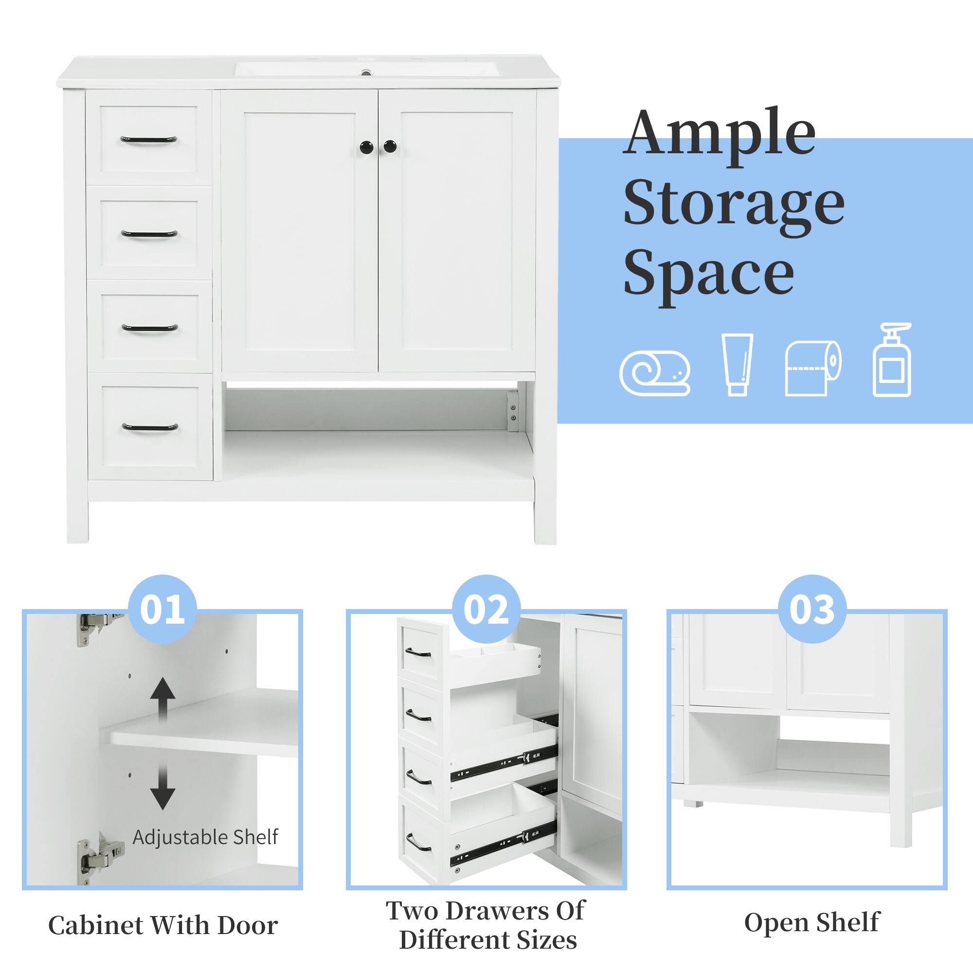 Ample Storage Space

01 Adjustable Shelf
02 Cabinet With Door
03 Two Drawers Of Different Sizes
04 Open Shelf