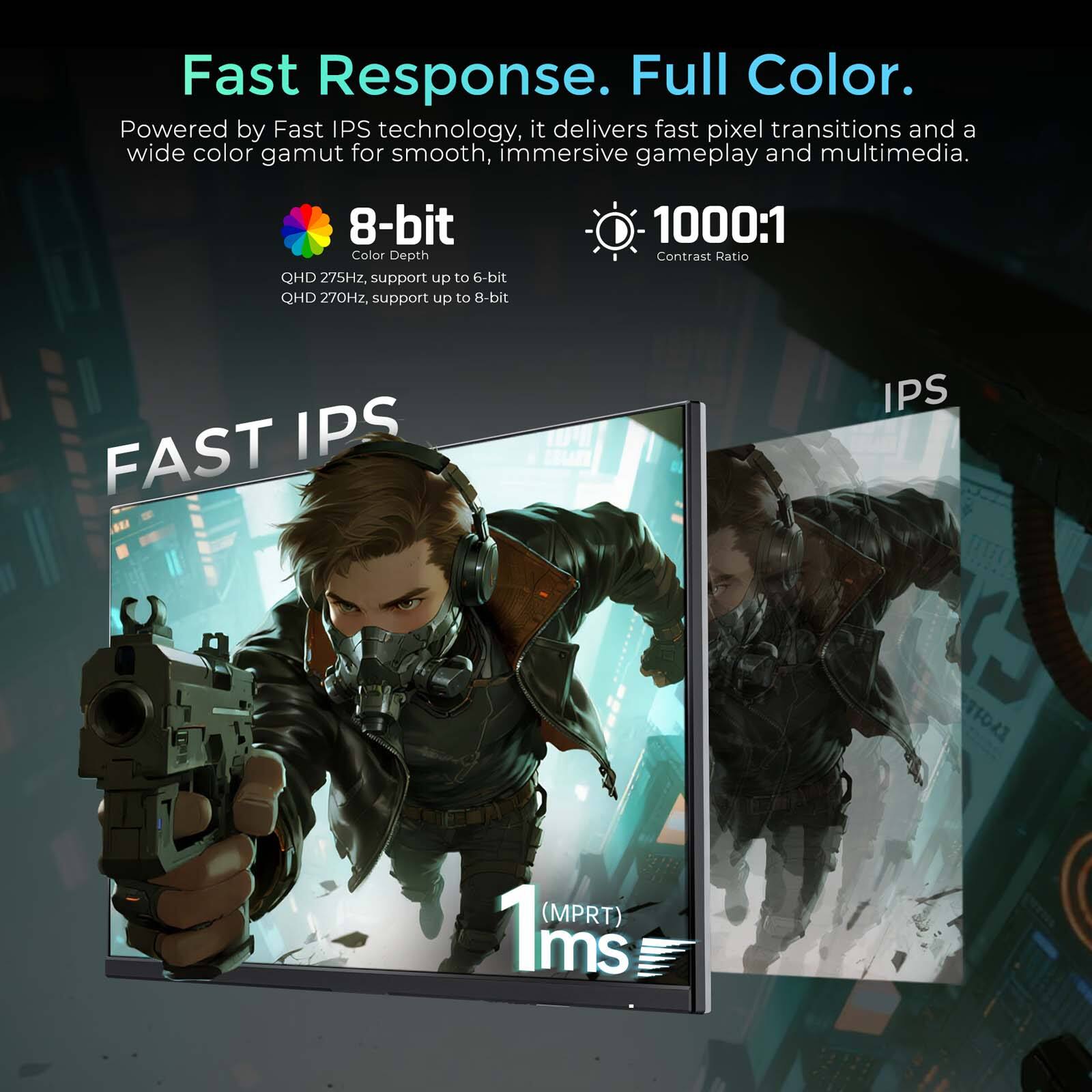 Fast Response. Full Color.  
Powered by Fast IPS technology, it delivers fast pixel transitions and a wide color gamut for smooth, immersive gameplay and multimedia.  
8-bit Color Depth  
QHD 275Hz, support up to 6-bit  
QHD 270Hz, support up to 8-bit  
1000:1 Contrast Ratio  
FAST IPS  
1ms (MPRT)
