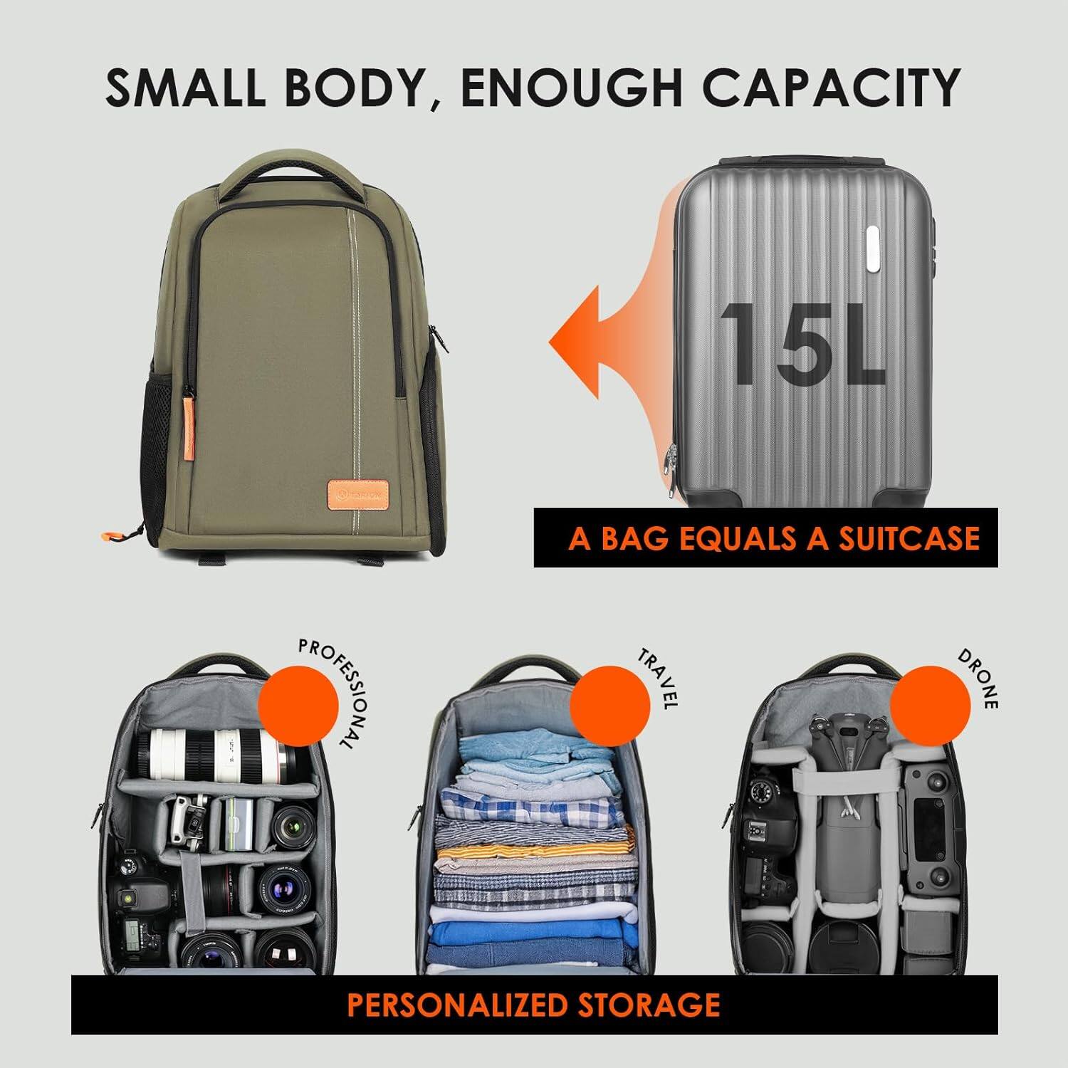 SMALL BODY, ENOUGH CAPACITY

15L

A BAG EQUALS A SUITCASE

PERSONALIZED STORAGE

PROFESSIONAL

TRAVEL

DRONE