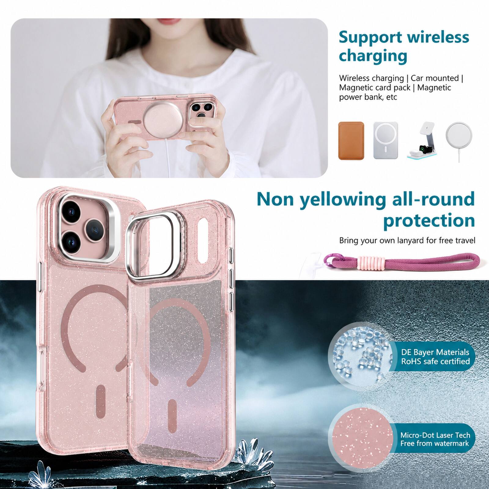 Support wireless charging  
Wireless charging | Car mounted | Magnetic card pack | Magnetic power bank, etc  

Non yellowing all-round protection  
Bring your own lanyard for free travel  

DE Bayer Materials RoHS safe certified  

Micro-Dot Laser Tech Free from watermark