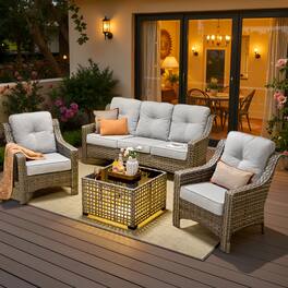 Ovios - 4 PCS Patio Furniture Set 3 Seat Comfy Sofa All-Weather Wicker Armchairs with Coffee Table - Gray