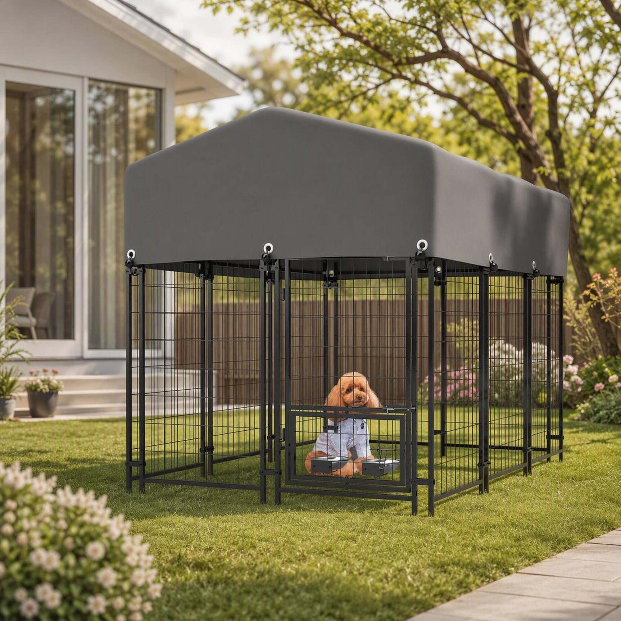 Back. RYHNUYNE - Outdoor Dog Kennel with Roof, 4.23x5.82x4.83ft Welded Wire Enclosure, Heavy Duty Metal Dog Crate.