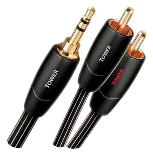 Angle. AudioQuest - Tower 3.5mm Mini > RCA 9.8' Analog Audio Interconnect Cable - Black with White Stripes.