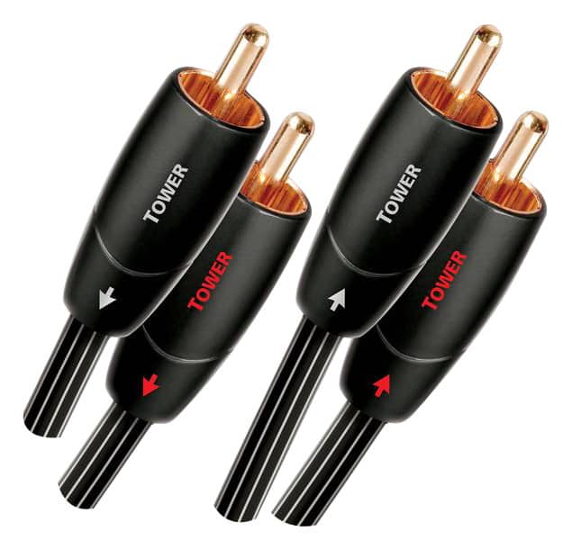 Angle. AudioQuest - Tower RCA > RCA 2.0' Analog Audio Interconnect Cable - Black with White Stripes.