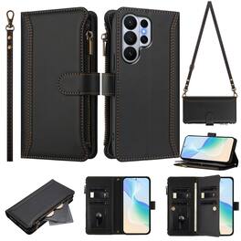 UUCOVER - Wallet Case for Samsung Galaxy S26 Ultra with Zipper Pocket, Cash Card Slots, Wrist and Shoulder Strap, Flip Stand Cover - Black