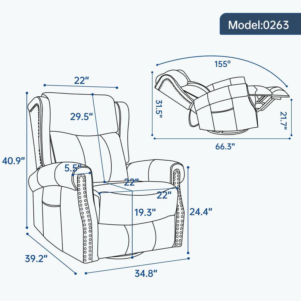 Model: 0263  
Dimensions:  
- Width: 40.9"  
- Depth: 39.2"  
- Height: 34.8"  
- Seat Height: 19.3"  
- Seat Depth: 22"  
- Arm Height: 22"  
- Back Height: 29.5"  
- Back Width: 31.5"  
- Recliner Angle: 155°  
- Recliner Length: 66.3"  
- Recliner Width: 21.7"  
- Recliner Depth: 24.4"  
- Recliner Height: 39.2"  
- Recliner Width: 22"  
- Recliner Depth: 22"  
- Recliner Height: 5.5"