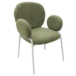 LeisureMod - Celestial Modern Boucle Dining Chair with Arms, Textured Fabric Upholstered Armchair - White Metal Frame Kitchen Chair - Green