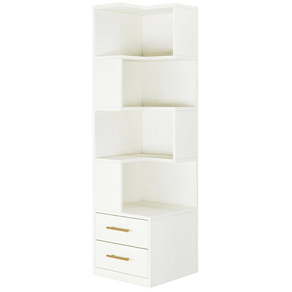 Kadyn - Bookshelf, Storage Shelf, Bookcase,66.9" L-Shaped Bookshelf, Corner Bookcase With 5-Tier Shelf And 2 Drawers - White