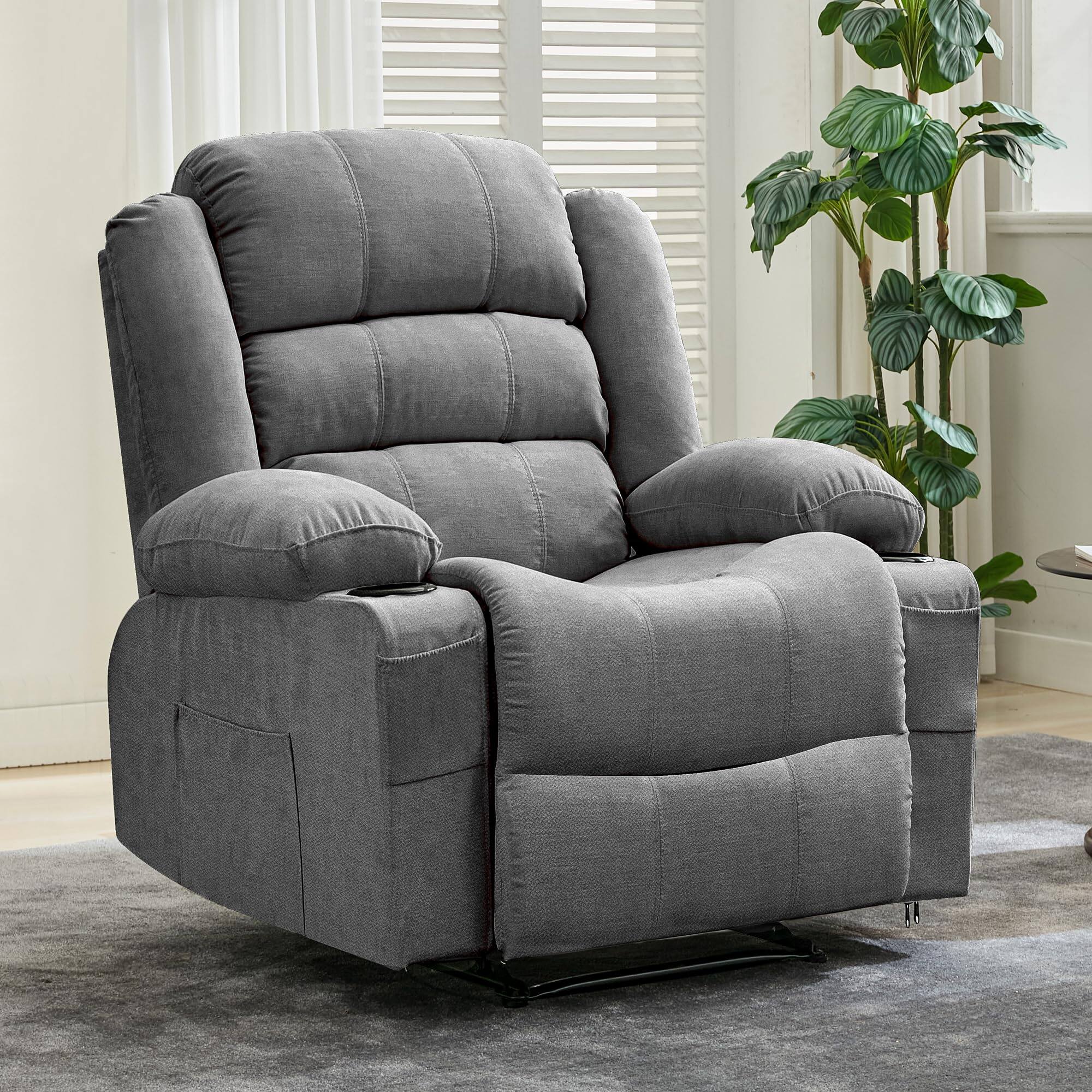 Jojoka - 37.4" Wide Oversize Manual Recliner Chair, Breathable Fabric Recliner Rocker with 3 Angle Modes, Cup Holders - Gray