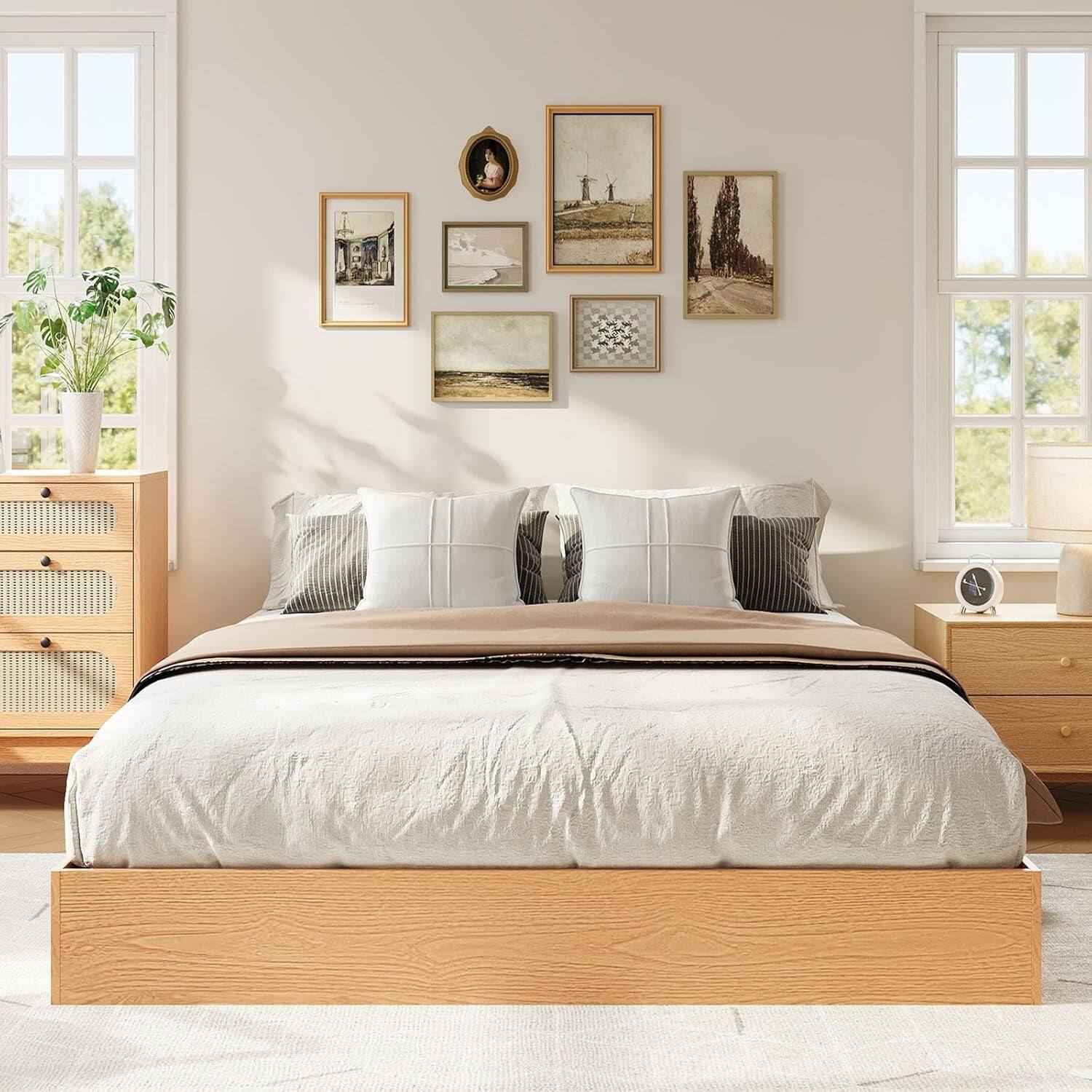 Front. GARVEE - California King Platform Bed Frame, Wooden Slat Support, Pine Wood – Spacious & Natural Wood Finish - Pine.