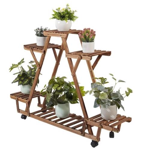 SlickBlue - Indoor Outdoor Multi-Tier Triangular Solid Wood Plant Stand with Wheels - Dark Brown
