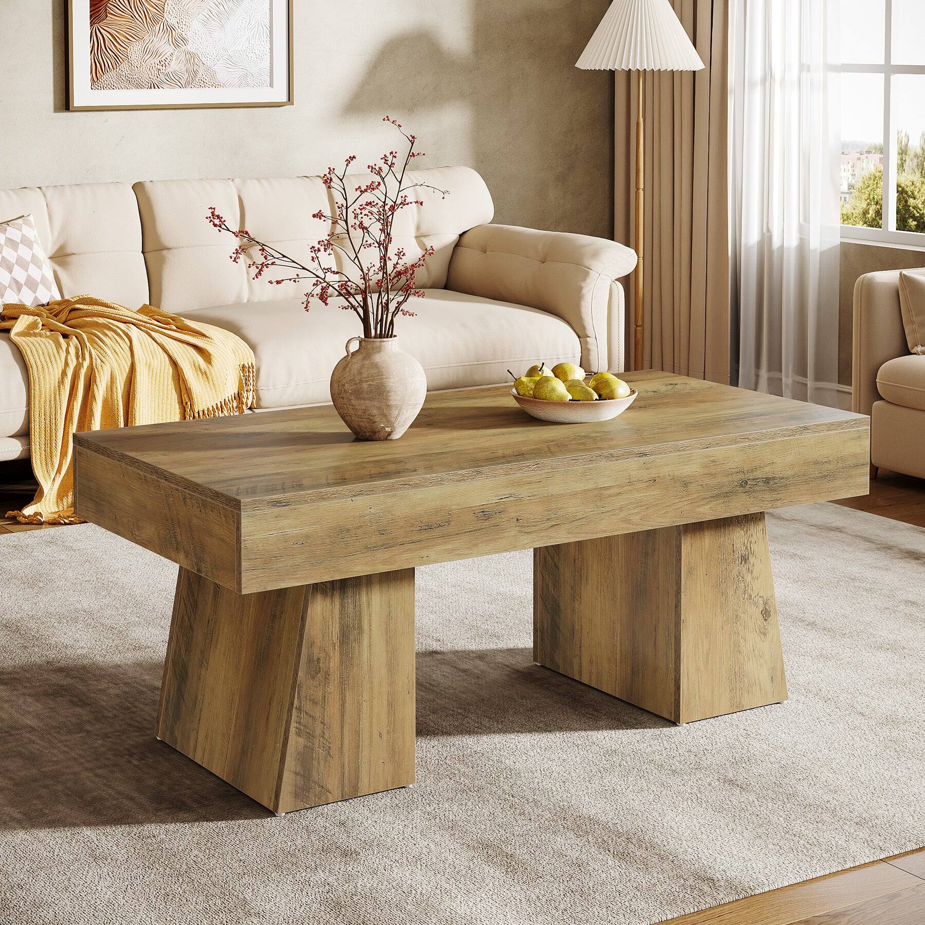 Front. Tribesigns - Coffee Table with Engineered Wood Construction, Adjustable Feet and Rectangular Top for Living Room - Brown.