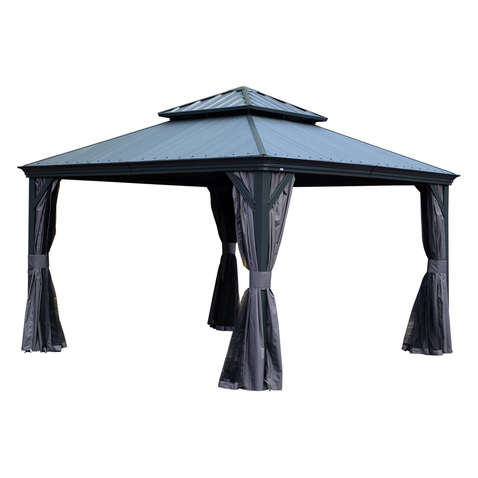 Angle. Mondawe - 12x12 Metal Gazebo With Resin Roof ,Curtains and Mosquito Netting Included - Dark Gray.